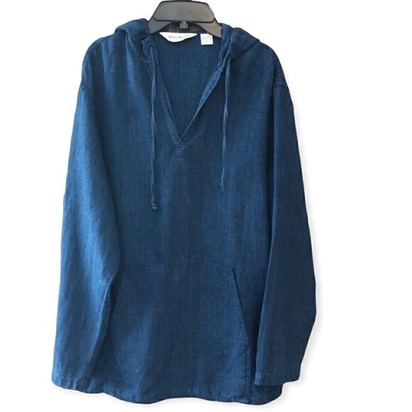 Eddie Bauer XS Blue Denim Kangaroo Pocket Nautical Surfing Beach Pull On Jacket - Picture 1 of 8